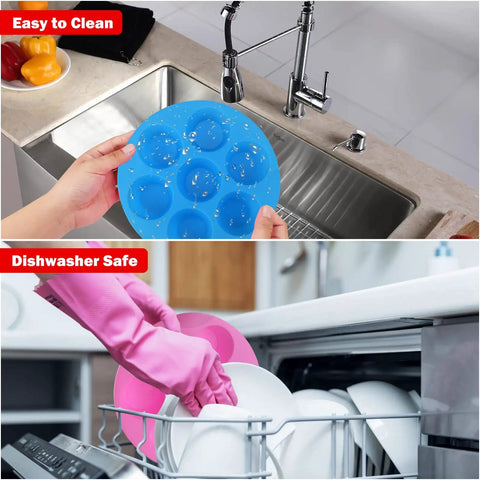 Two Pack 8.3 Inch Silicone Muffin Pan For 3Qt To 5Qt Air Fryers, shown being cleaned in sink and dishwasher