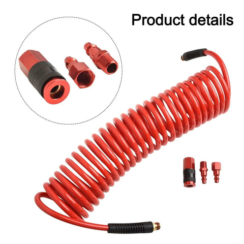 Real Deal 25 Foot Red Polyurethane Air Hose Kit Professional Grade Featuring One Quarter Inch Snap Fit Quick Coupler Automatic Rewind System For Smart Mechanics Auto Garage Shop Projects Abrasion Proof Coil Tube That Stops Tangling Forever, red coiled air hose with quick couplers