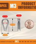 50 Pcs One Eighth Inch Stainless Steel Wire Rope Thimbles Set For Rigging Loops And Crimping Ferrules, M3 size dimensions shown