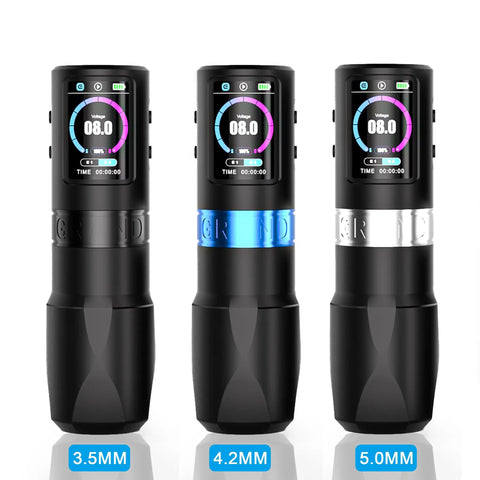 Three Grand G5 Wireless Tattoo Pen Machines, Brushless 4.2mm Stroke Cordless Tattoo Guns with high-visibility screens displayed