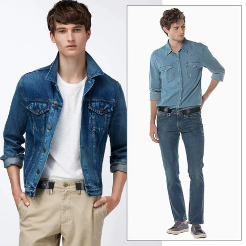 Men wearing No Buckle Elastic Belt For Men with denim jacket and jeans, Stretch Buckle Free Jeans Belt, 1.38 Inch Wide, Black, Fits 30-48 Inches