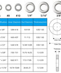 Flat washers: six 304 stainless SAE washers in sizes #6, #8, #10, 1/4 in, 5/16 in, 3/8 in.