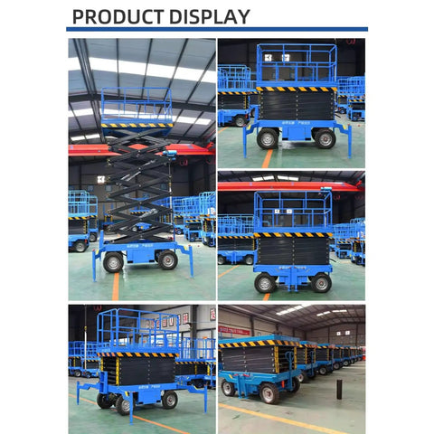 Tough Job Heavy Duty Electric Scissor Lift Platform Featuring Smooth Hydraulic Power And Self Powered Rough Terrain Chassis For Stress Free Warehouse Grinds displayed in different angles.