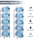 5 Tier Water Jug Rack for 5 Gallon Bottles With Detachable Shelves, Space Saving Water Bottle Holder, two installation methods shown