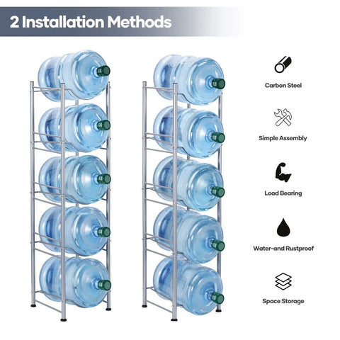 5 Tier Water Jug Rack for 5 Gallon Bottles With Detachable Shelves, Space Saving Water Bottle Holder, two installation methods shown