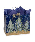 Midnight Flurry Vogue Size Paper Shopping Bags 16 By 6 By 12 Inches Pack Of 100 Navy Blue Sage Green And Metallic Gold 110Gsm Recyclable With Green Way Logo Store Ready For Retail featuring pine tree design