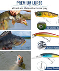 All In One Fishing Lures Kit With 92 Pcs Tackle Box Includes Crankbaits Spoons Hooks Weights And Other Accessories For Bass Freshwater Angling Gift For Men showcasing premium lures with fish images and close-ups of crankbaits features.
