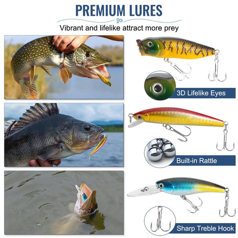 All In One Fishing Lures Kit With 92 Pcs Tackle Box Includes Crankbaits Spoons Hooks Weights And Other Accessories For Bass Freshwater Angling Gift For Men showcasing premium lures with fish images and close-ups of crankbaits features.