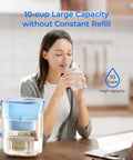 Woman drinking from glass with Blue 10-Cup Water Filter Pitcher, NSF Certified, 200-Gallon Long-Life Filter in kitchen setting
