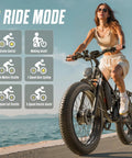 Woman riding Dual Motor 6000W Fat Tire Electric Mountain Bike for All Terrain Adventures near ocean with 6 ride modes displayed