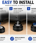 3-step installation of 12 Pack Speaker Isolation Pads With Screws Rubber Feet for speakers, showing placement, screw insertion, and tightening.