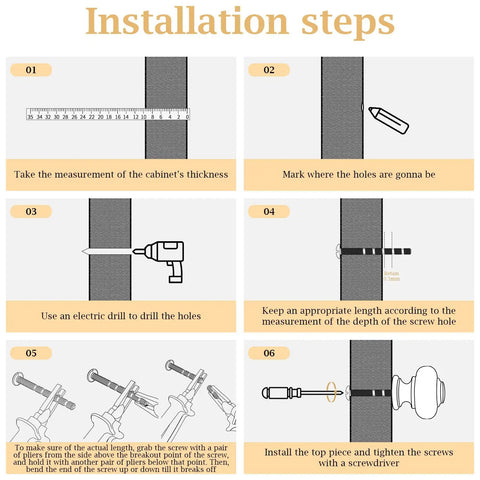 12 Pack Gold Dresser Knobs With Crystal Cabinet Drawer Pulls, Ultra Sleek Gold Hardware For Quick Home Makeovers, Easy To Install With Removable Screws, Game Changing Durable Glam Furniture Upgrade. Installation steps diagram for gold crystal cabinet knob with screws, drill, and ruler.