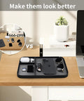 Slick Two Tone PU Leather Catchall Tray Hella Organized Entryway And Living Room Table Organizer For Keys Wallet Watch Jewelry Coins Black Frame Daily Essential with accessories on a desk.