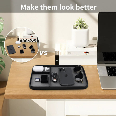 Slick Two Tone PU Leather Catchall Tray Hella Organized Entryway And Living Room Table Organizer For Keys Wallet Watch Jewelry Coins Black Frame Daily Essential with accessories on a desk.