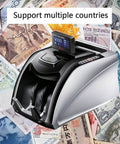 Top Dollar Money Counter With UV MG Counterfeit Detection Slick Bill Sorting Machine For Retail Stores Quick No Fuss Cash Handling LED Display Multi Currency Note Processor on a background of various banknotes.