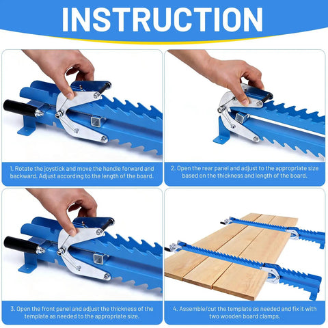 41 Inch Panel Clamps Set of 2 for Woodworking, Adjustable Four Way Steel Clamps for Tables Benchtops Cutting Boards Tabletops and Cabinet Making, Pro Grade Glue Ups, Warp Resistant, Heavy Duty Clamping Tools for Perfect Joints showing setup steps and board clamping