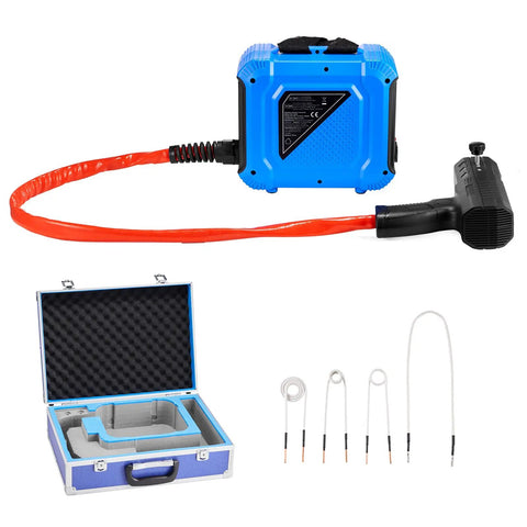 High Output 1800W Magnetic Induction Bolt Heater Kit With Four Swappable Coils displayed with case and coils for rusted nut extraction.