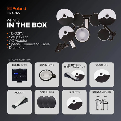 Image showing contents of TD-02KV V-Drums Electronic Drum Kit With Pro-Feel Playability including snare, toms, and accessories.