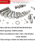 M3 M4 M5 M6 M8 M10 M12 Metric Stainless Steel Bolts And Nuts Kit 304 A2-70 Heavy Duty Flat Hex Head Screws With Nuts Gaskets And Lock Washers 328 Pieces For Auto Home Garage Projects