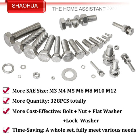 M3 M4 M5 M6 M8 M10 M12 Metric Stainless Steel Bolts And Nuts Kit 304 A2-70 Heavy Duty Flat Hex Head Screws With Nuts Gaskets And Lock Washers 328 Pieces For Auto Home Garage Projects