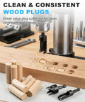 Front view of Rocaris 8-pack wood plug cutters with hex shanks; straight and tapered bits for 1/4–5/8 in plugs