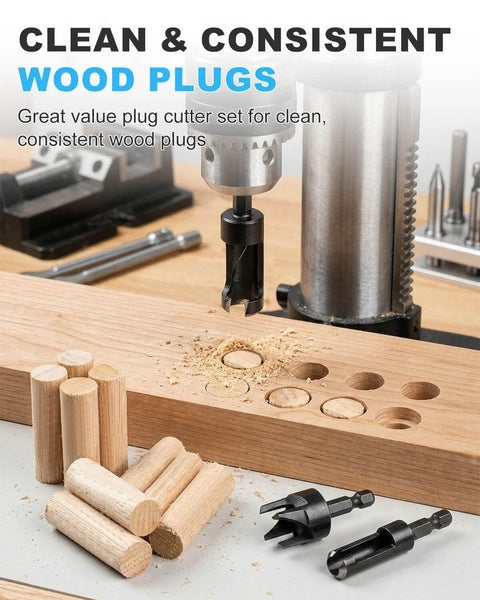 Front view of Rocaris 8-pack wood plug cutters with hex shanks; straight and tapered bits for 1/4–5/8 in plugs
