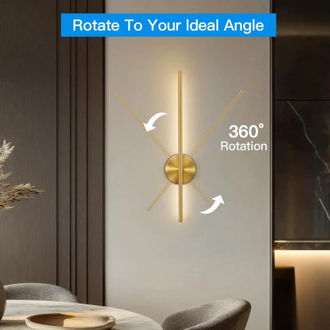 Rechargeable Wireless Wall Sconces Set Of Two 24 Inch with 360° rotation feature shown in stylish gold finish.