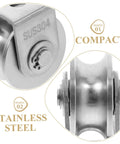 Close-up of Stainless Steel Bearing Pulleys For Sliding Doors Set Of Two Heavy Duty Wire Rope Wheels Industrial Track Rollers