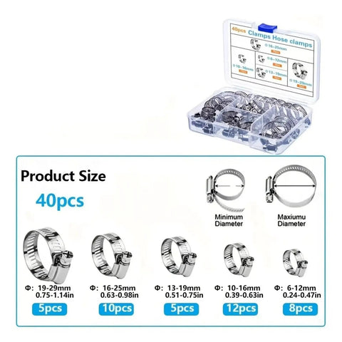 Ditch the drip and grab this Sick Worm Gear Hose Clamp Kit With 40 Or 120 Pieces Across 5 Sizes Perfect For Securing Water Gas Lines And Silicone Hoses On Any Joint With A Tight Screw Mechanism That Holds Firm, 40-piece stainless steel set