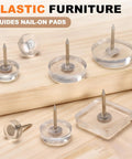 No Sweat 24 Pack Transparent Furniture Sliders With NailOn Pins For Gliding Pads On Hardwood Floors That Shield Chairs Tables And Desks From Deep Scratches While Keeping Your Space Looking Absolutely Dope, assorted sizes on wood.
