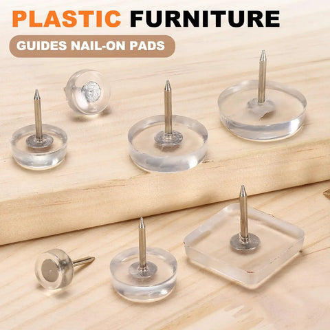 No Sweat 24 Pack Transparent Furniture Sliders With NailOn Pins For Gliding Pads On Hardwood Floors That Shield Chairs Tables And Desks From Deep Scratches While Keeping Your Space Looking Absolutely Dope, assorted sizes on wood.