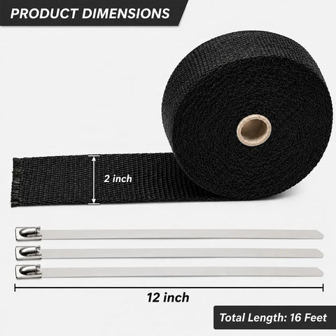 Dope Heavy Duty Exhaust Heat Wrap Kit 2x16 Ft For Motorcycle Or Car with 2-inch wide black fiberglass wrap and 12-inch ties
