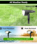 Waterproof 32 LED Outdoor Solar Spotlight Kit With 3 Lighting Modes Waterproof Landscape Lights For Yard Garden Driveway Porch Walkway Trees Patio Cold White 6 Pack featured in rainy, snowy, and sunny settings highlighting weather resistance.