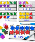 Magnetic Ten Frame Set 74 PCS for Kids Ages 5 to 7 with colored star counters and equations on whiteboards.