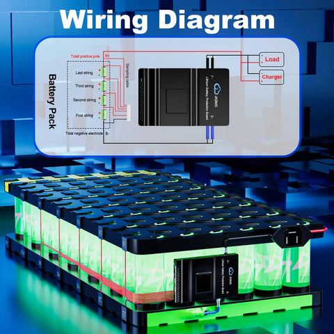 Wiring diagram for Heavy Duty 8S To 24S Lithium Battery Management System with battery pack connections.