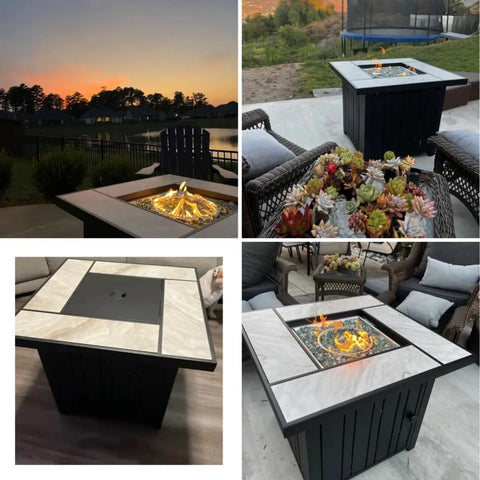 30-Inch Propane Fire Pit with Real Ceramic Tabletop and Glass Rock, 50000 BTU Outdoor Gas Fire Table with Lid