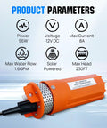 12V DC Submersible Well Water Pump With 10ft Cable, 1.6 GPM Flow, 96W Deep Well Pump features and parameters shown