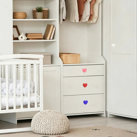 Heart Shaped Soft Silicone Cabinet Knobs Set Of 6 With Screws For Dressers Drawers Wardrobe And Nursery Decor on white dresser