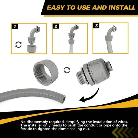 Installation guide for One Half Inch Liquid Tight PVC Conduit Fittings Kit With Twenty Pack Straight And 90 Degree Non Metallic Nylon 6 Connectors UL Listed