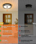 Comparison of outdoor lighting fixtures on porch showing 12-inch Outdoor Motion Sensor LED Ceiling Light Flush Mount vs. smaller fixture.