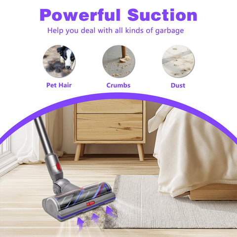 Upgrade High Torque Beefy Brush Head Replacement Vacuum Head on hardwood floor near furniture showing suction for pet hair, crumbs, dust