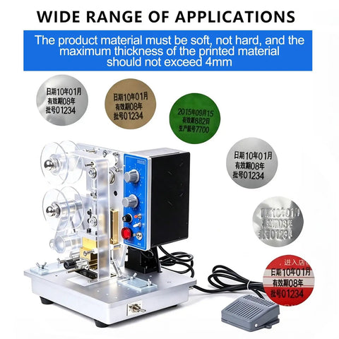 High Speed Automatic Electric Ribbon Code Printer For Production Dates And Batch Numbers On Flexible Packaging Film Plastic Leather Hot Stamping Coda Machine with label samples.