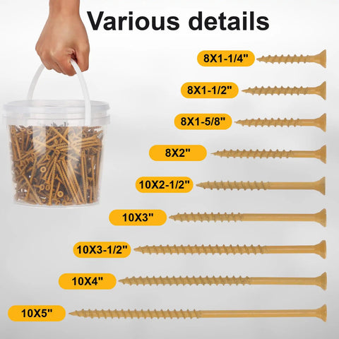 Heavy Duty Size Eight X One Point Four Inch Flat Head Deck Screws With T25 Star Torx Drive tan carbon steel screws in a bucket.