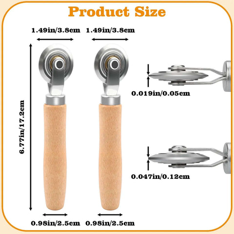 Pro Grade Dual Size Box Resizer Tool Set With 0.5mm And 1.2mm CAMs, wood handles, metal CAMs for scoring cardboard, side view.