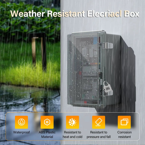 Weatherproof Outdoor Electrical Junction Box With Hinged Lockable Cover on wall in rain, clear ABS plastic enclosure.