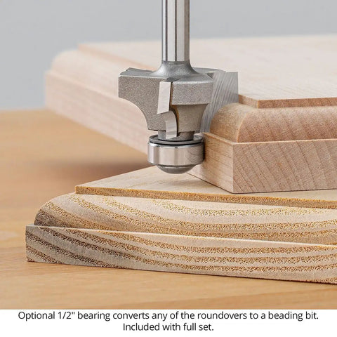 Close-up of Pro Grade Three Flute Carbide Tipped Roundover Router Bit with optional bearing on wooden edge.