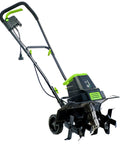 Side view of Corded Electric Garden Tiller Cultivator With 12.5 Amp Motor 16 Inch Tilling Width 8 Inch Maximum Depth Six Steel Tines