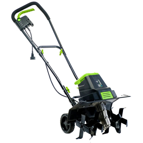 Side view of Corded Electric Garden Tiller Cultivator With 12.5 Amp Motor 16 Inch Tilling Width 8 Inch Maximum Depth Six Steel Tines