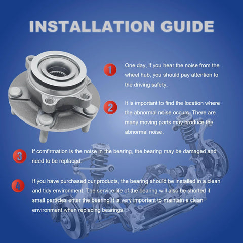 Installation guide for Front Wheel Bearing And Hub Assembly Direct Fit For Nissan Rogue Sentra with hub image and drivetrain diagram