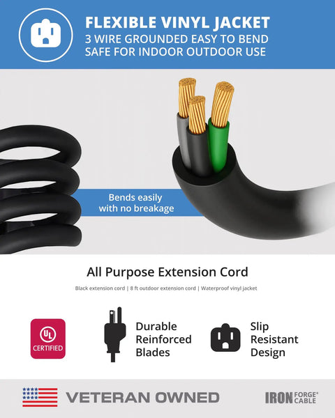 Two Pack 8 Foot Heavy Duty Extension Cords Built For Outdoors 16 Gauge 3 Wire 3 Prong Weatherproof Outdoor Extension Cord details